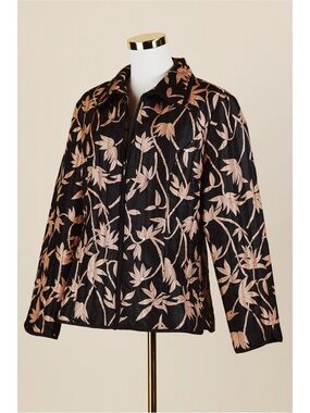 Sz L Anne Carson 100% Pure Silk Black & Tan Bamboo Quilted Zip Up Jacket EUC